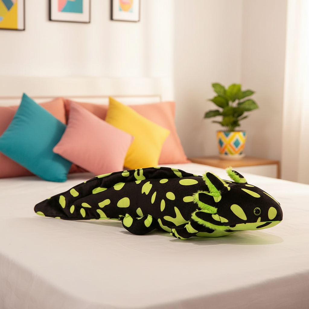 Plush lizard toy on a bed with colorful pillows and a plant in the background