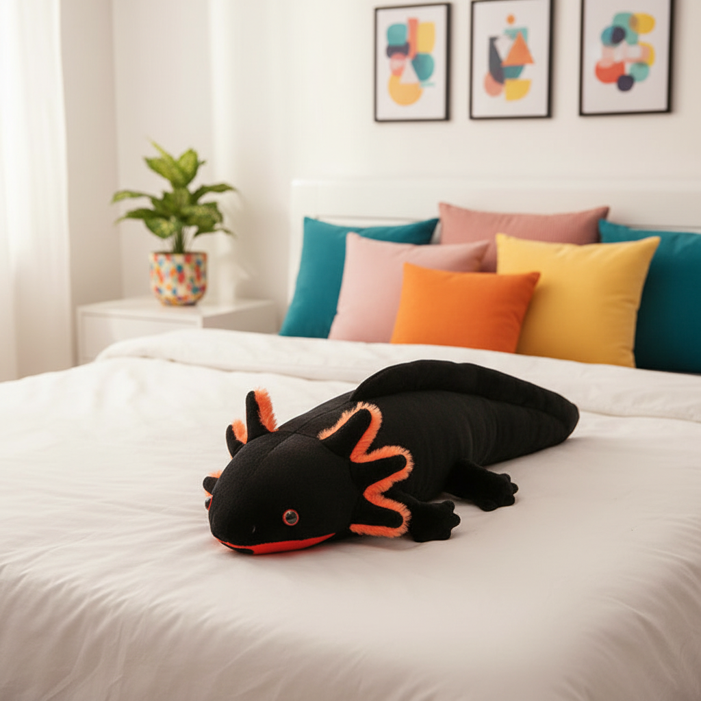Black axolotl plush toy on a bed with colorful pillows and a plant in the background.