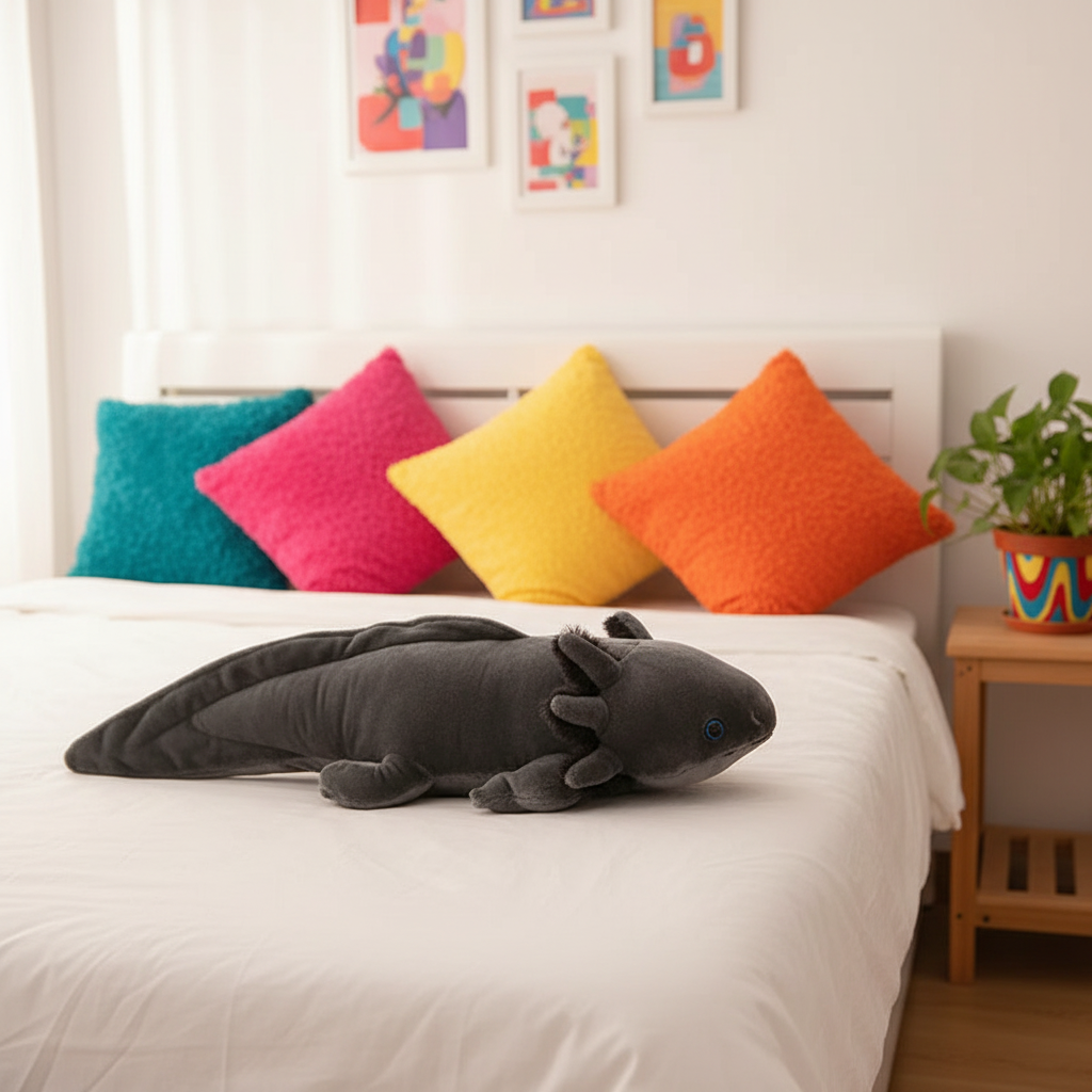 Gray plush axolotl toy on a bed with colorful pillows in a bedroom setting.
