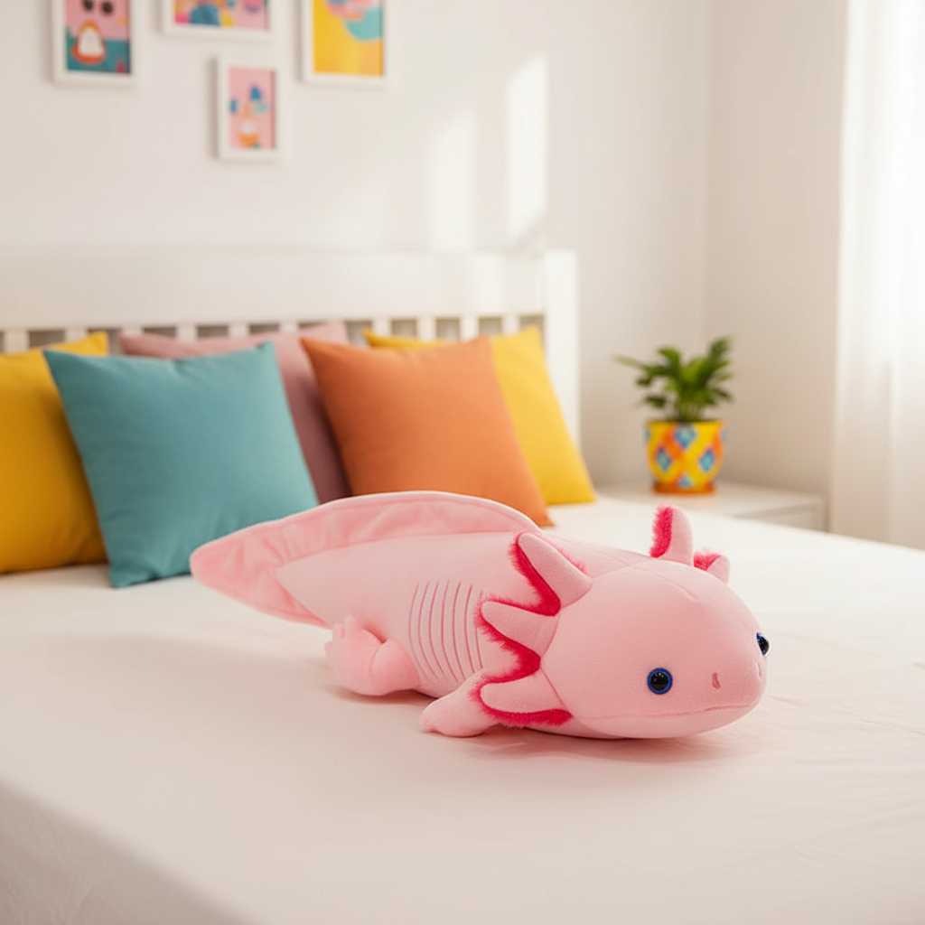 Pink axolotl plush toy on a bed with colorful pillows and a plant in the background.
