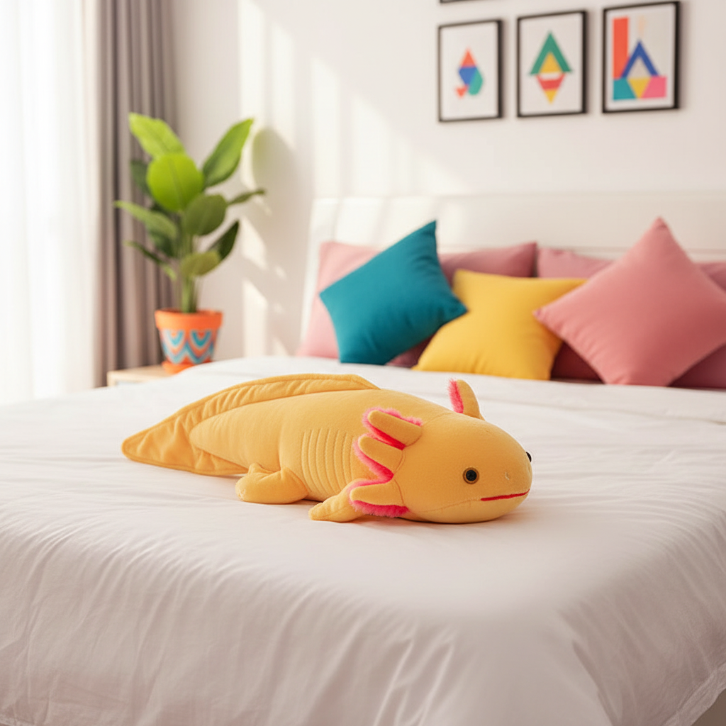 Yellow axolotl plush toy on a bed with colorful pillows and a plant in the background.