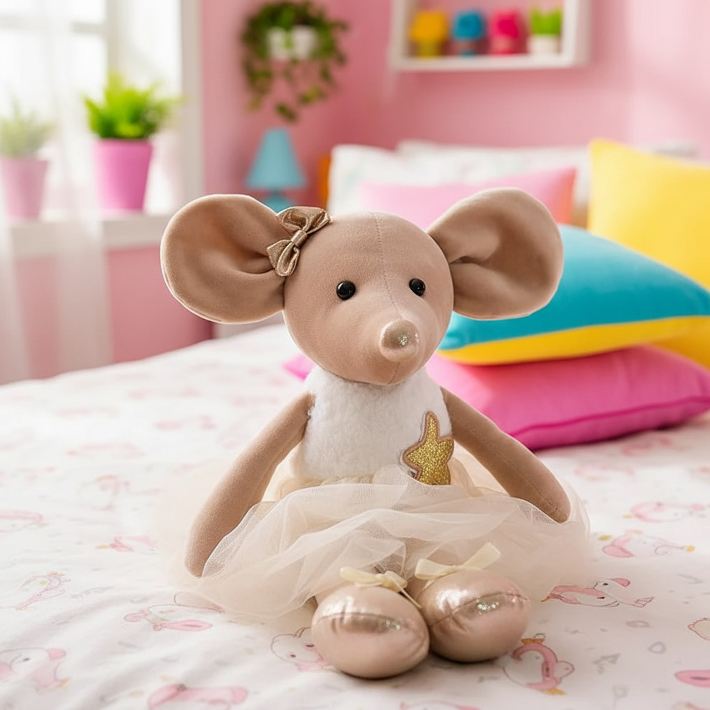 Plush mouse toy in a tutu dress on a bed with colorful pillows and a pink room background.