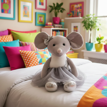 Plush mouse toy on a bed with colorful pillows and a bright room in the background
