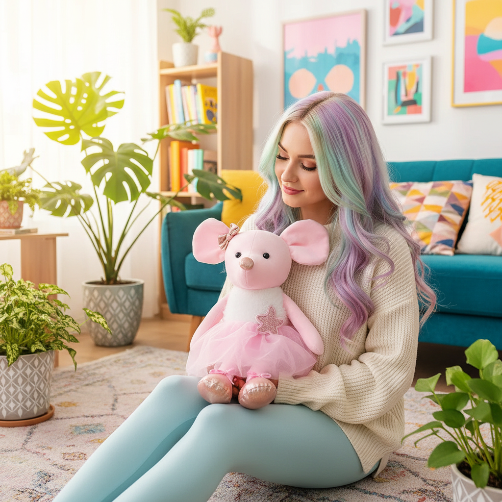 Woman with pastel-colored hair holding a pink plush toy in a cozy living room.