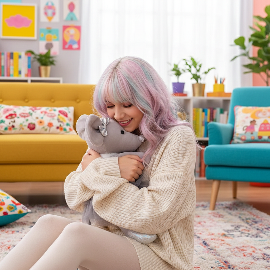 Woman with pastel-colored hair holding a plush mouse in a colorful living room.