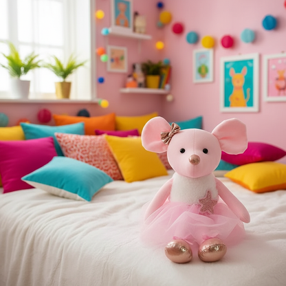 Pink plush mouse toy on a bed with colorful pillows and a playful room setting.