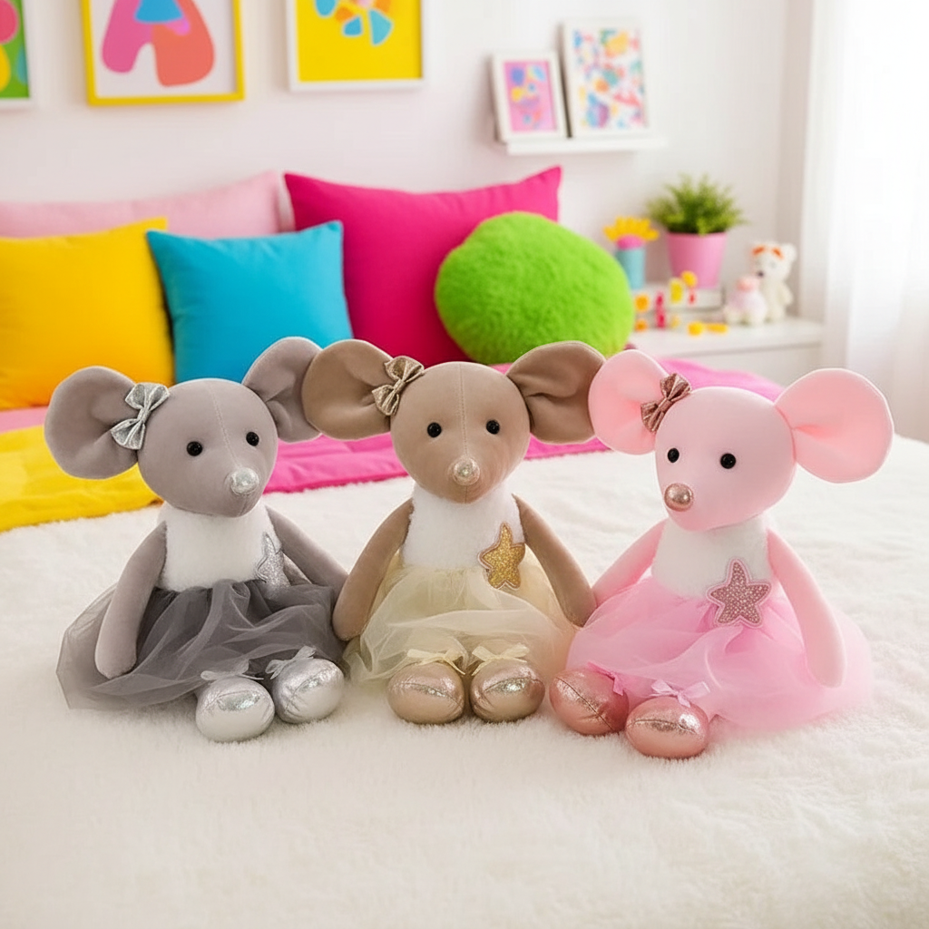 Three plush mouse toys in different colors sitting on a bed with colorful pillows in the background.
