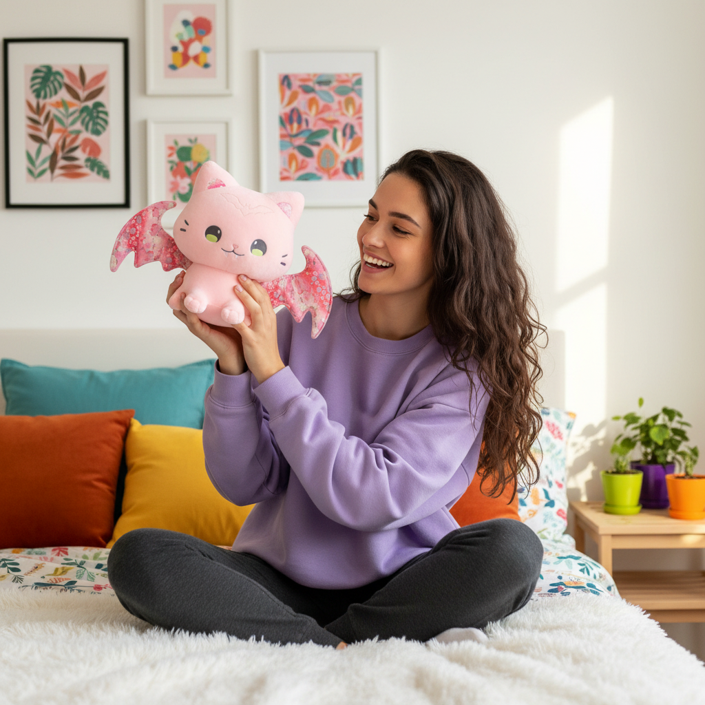 Woman holding a pink cat plush toy in a cozy bedroom with colorful pillows and plants.