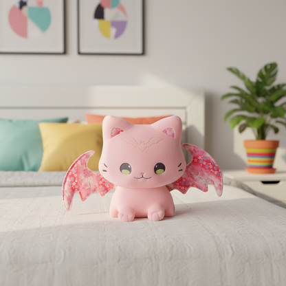 Pink cat with bat wings plush toy on a bed with colorful pillows and a plant in the background