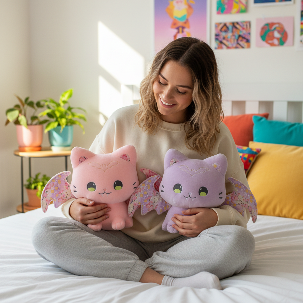 Woman sitting on a bed holding two pink cat-shaped plush toys in a bright room.