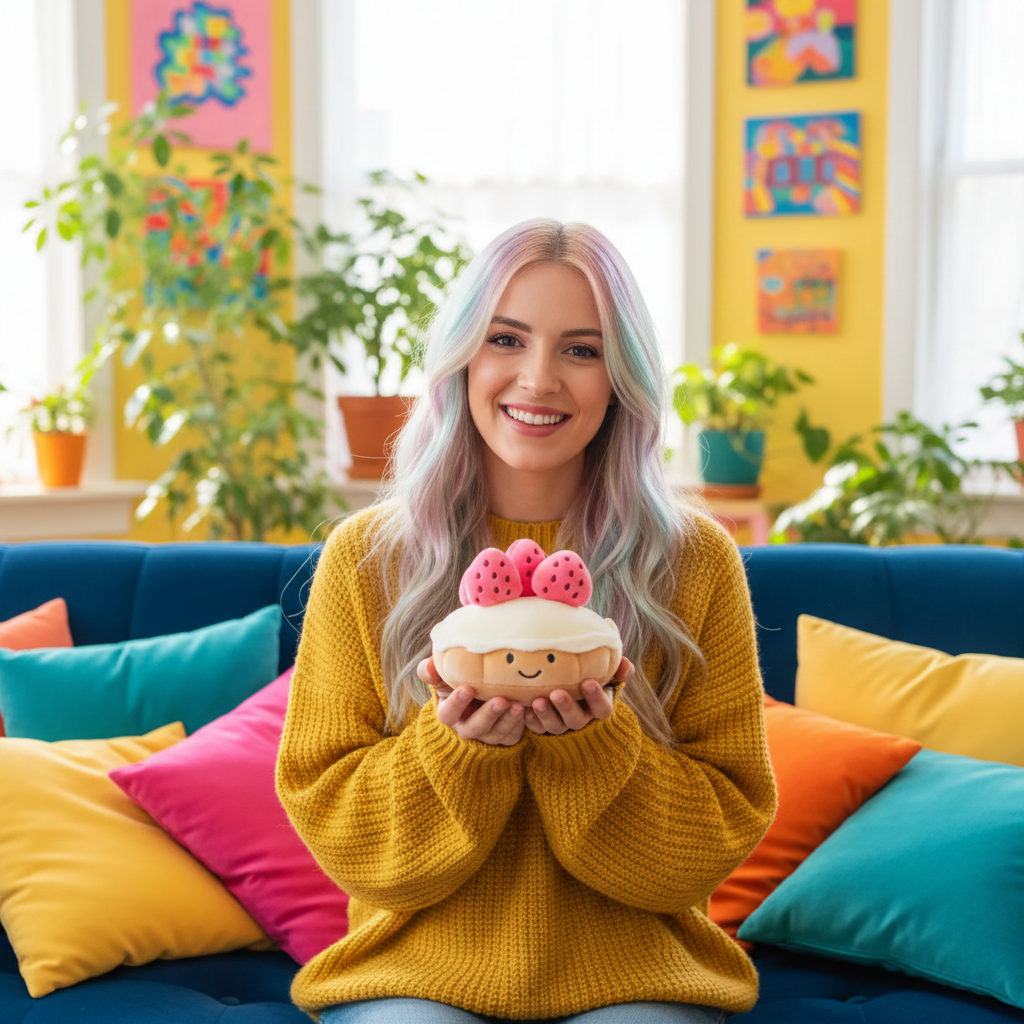 Woman holding a plush toy cupcake in a colorful living room