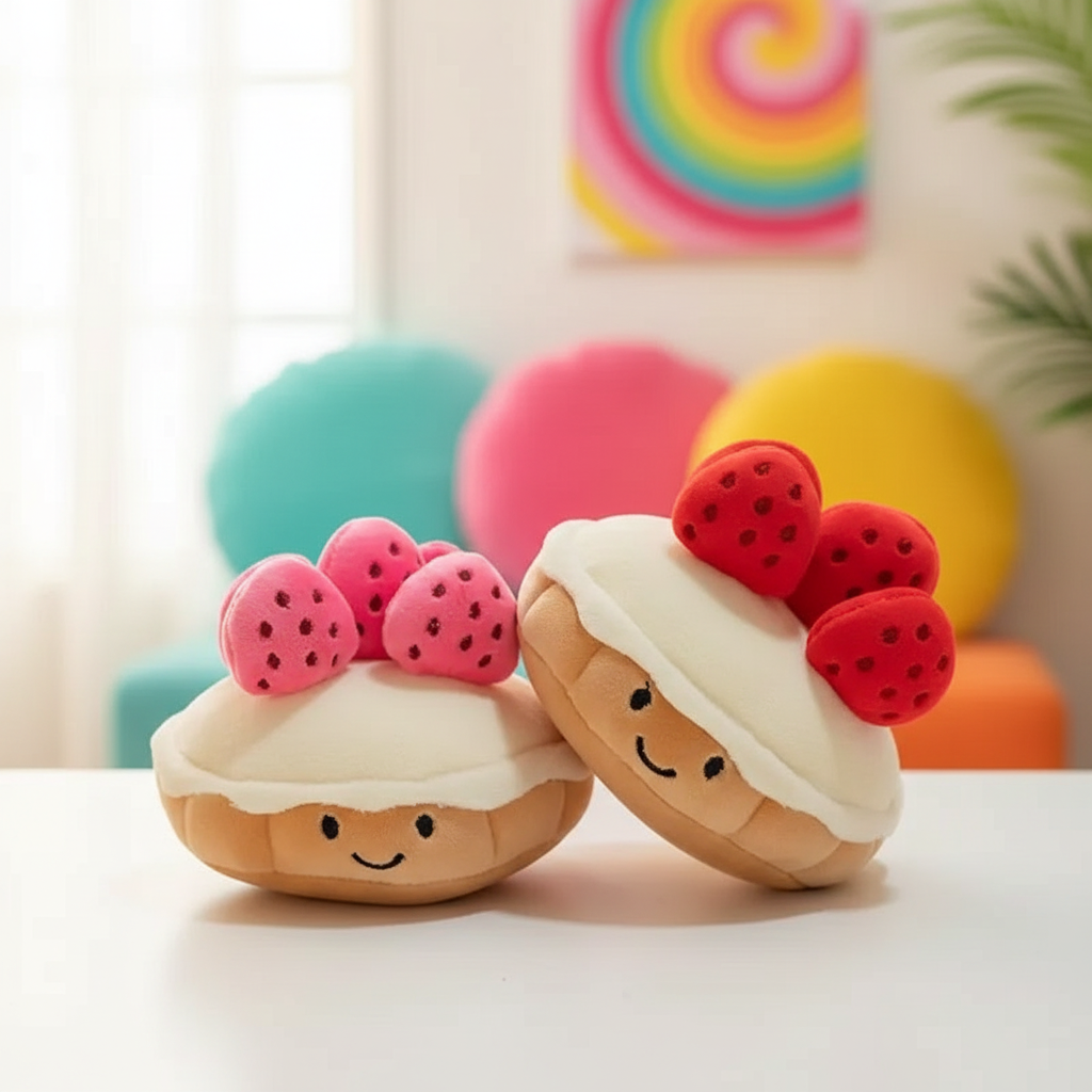 Two plush toys resembling cakes with strawberry toppings on a white surface, colorful background.