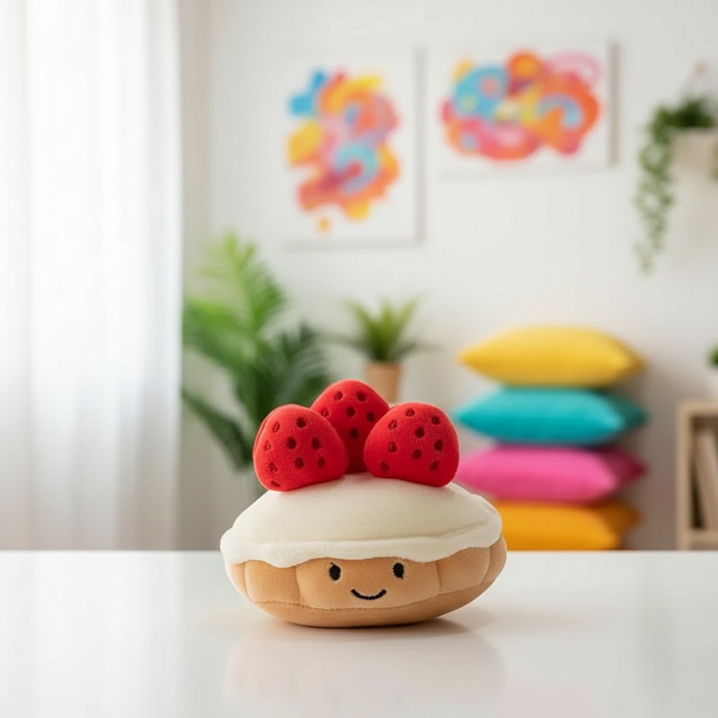 Toy resembling a dessert with strawberry on top in a room with colorful decor
