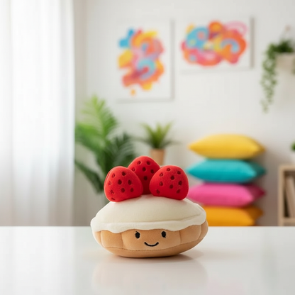 Toy resembling a dessert with strawberry on top in a room with colorful decor