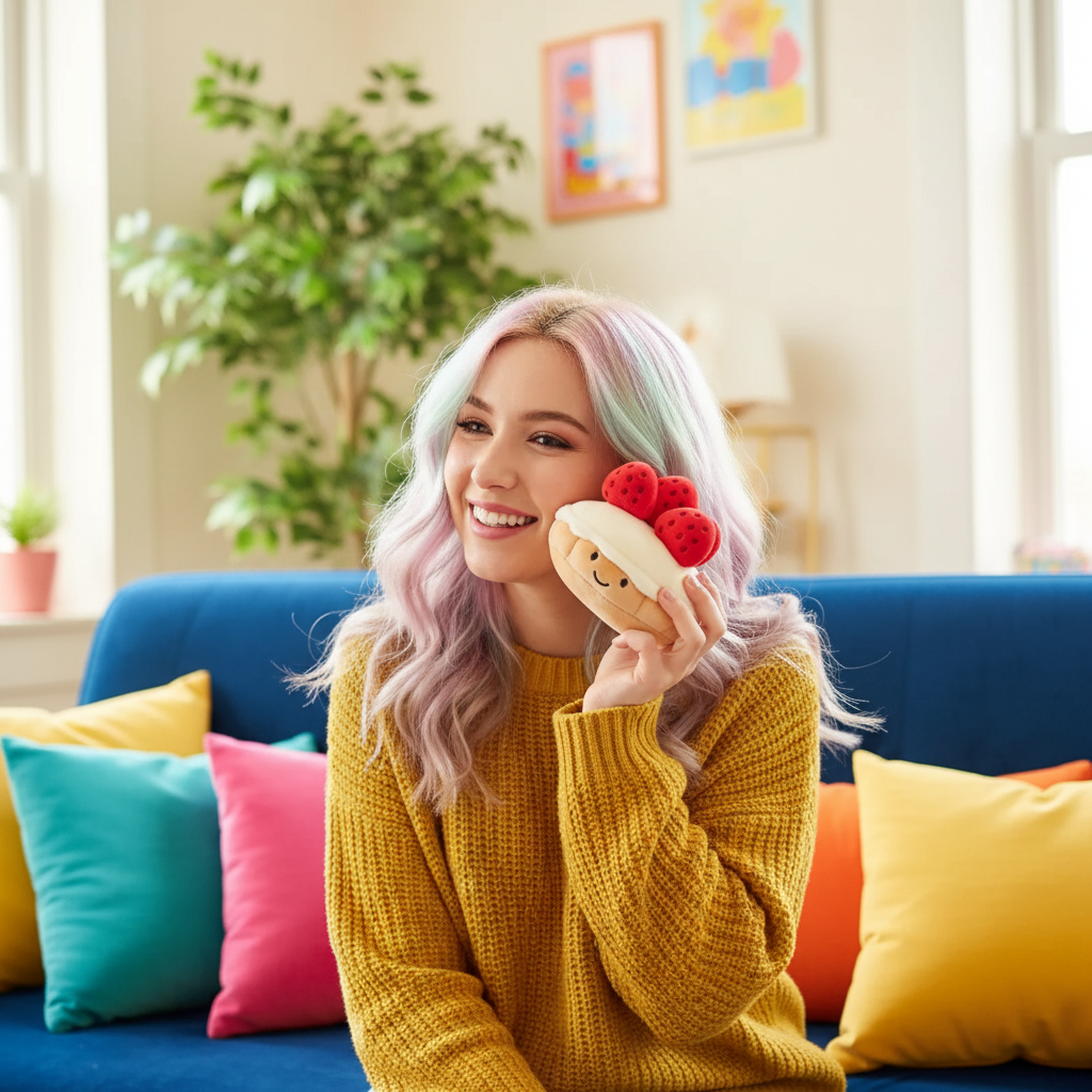 Woman with pastel hair holding a plush toy on a colorful couch