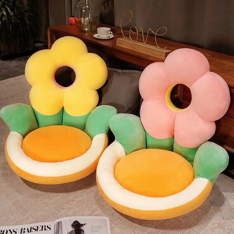 Big Fresh Flower Plush Chair Cushion set of 2, yellow and pink