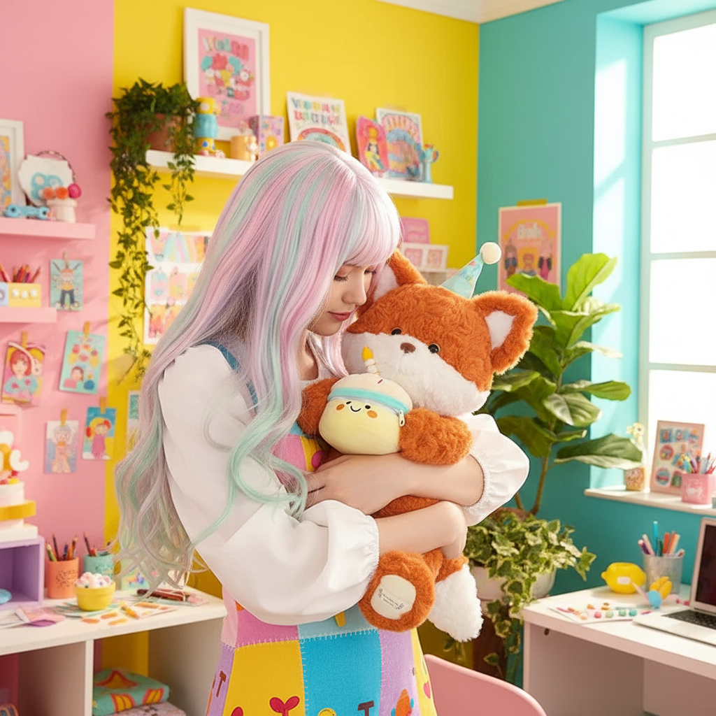 Person with pastel-colored hair holding a plush toy in a colorful room.
