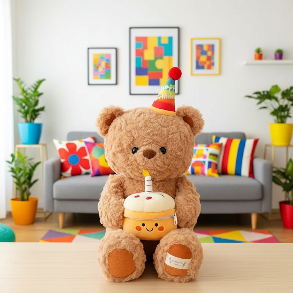 Teddy bear with a birthday cake plush toy in a living room setting