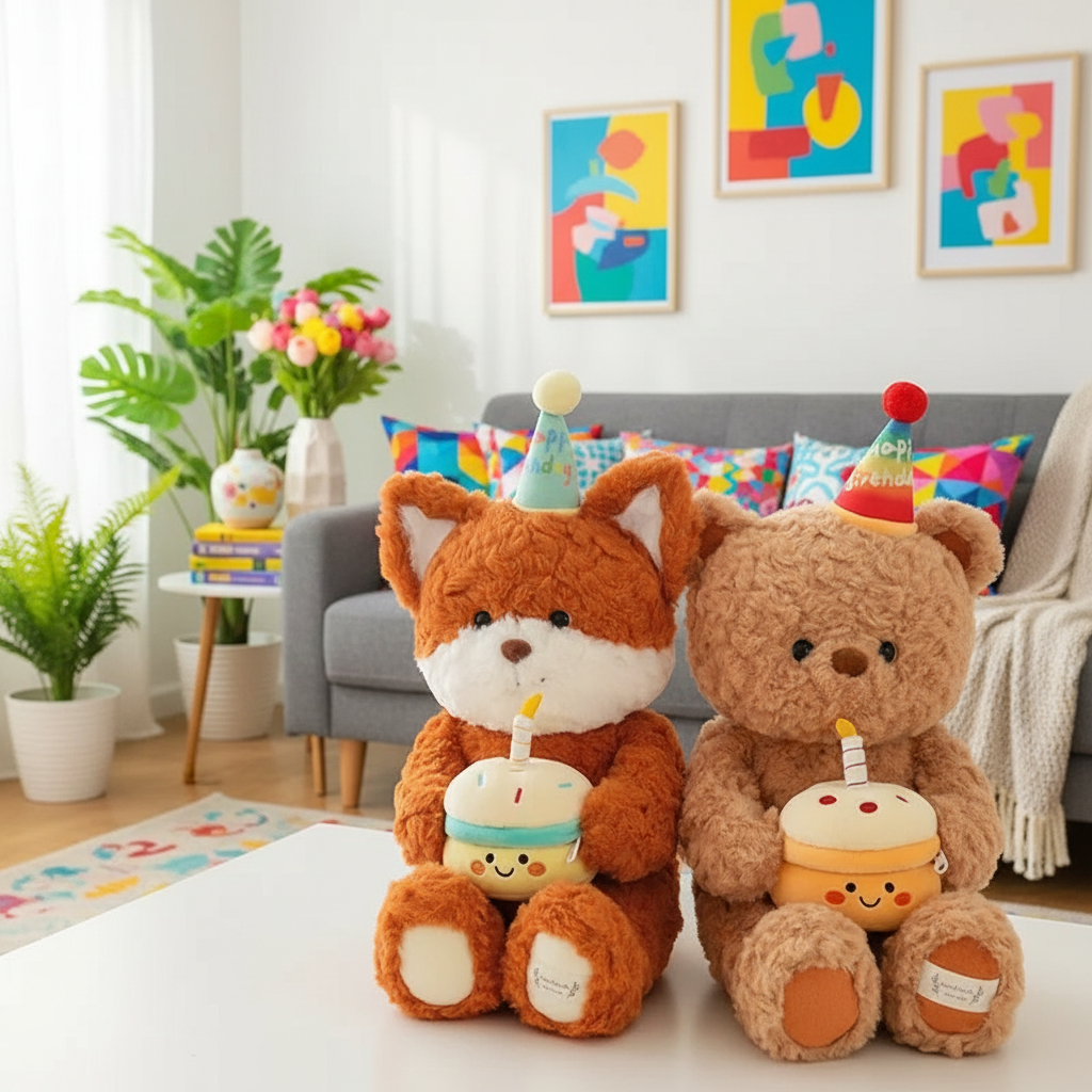Two teddy bears with birthday hats and cake figurines in a living room setting.