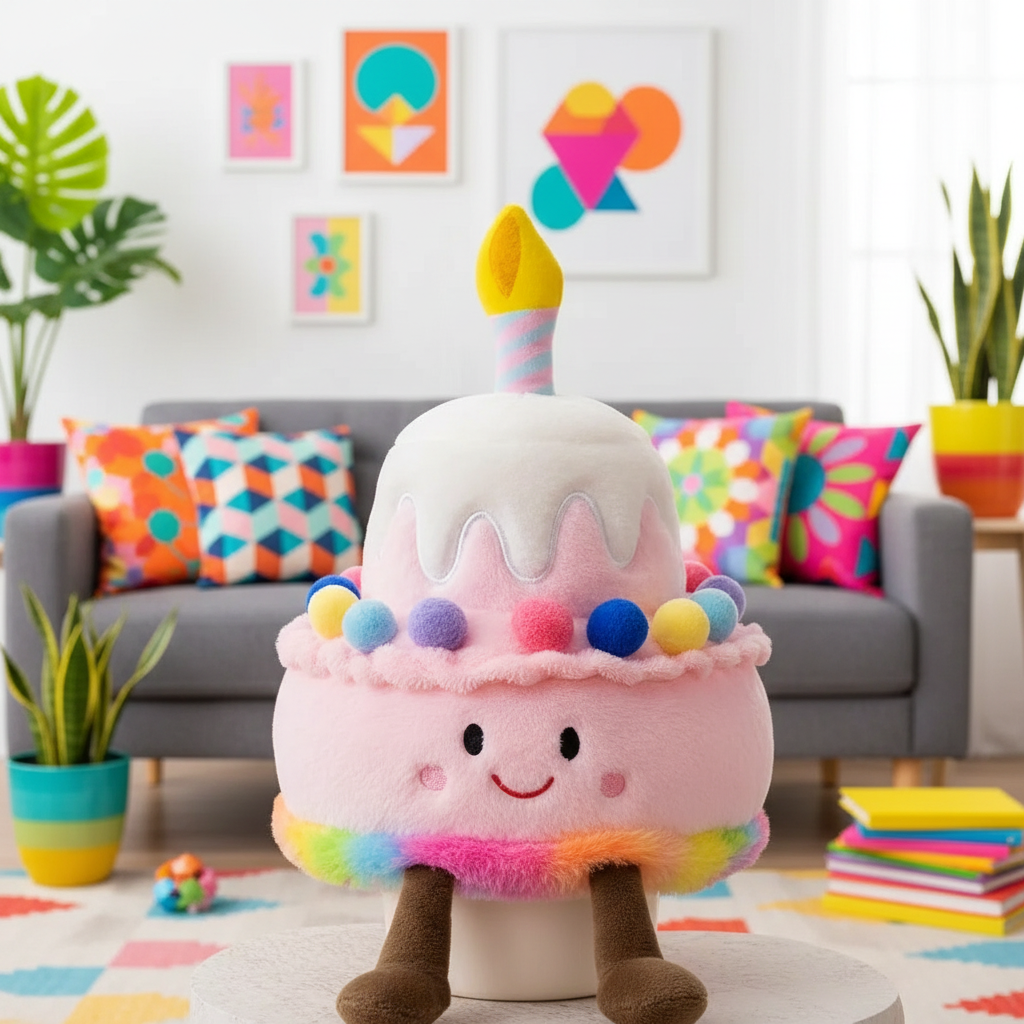 Plush toy resembling a birthday cake with candles in a colorful living room.