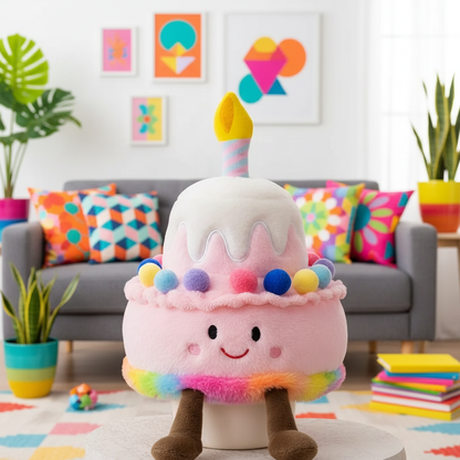 Plush toy resembling a birthday cake with candles in a colorful living room.
