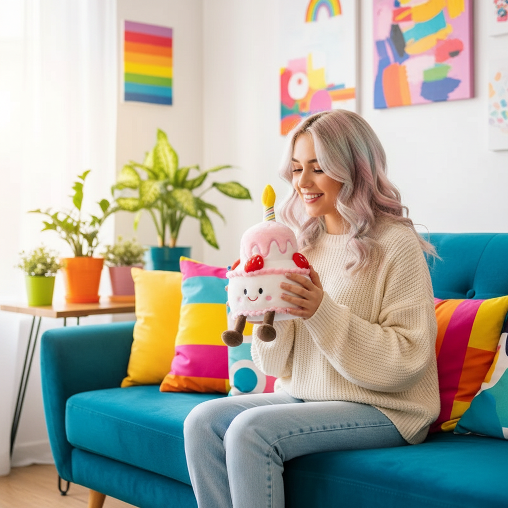 Woman sitting on a colorful couch holding a plush toy, with a bright and cheerful room in the background.