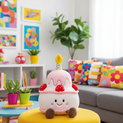 Cute plush toy resembling a birthday cake with candles in a living room setting.