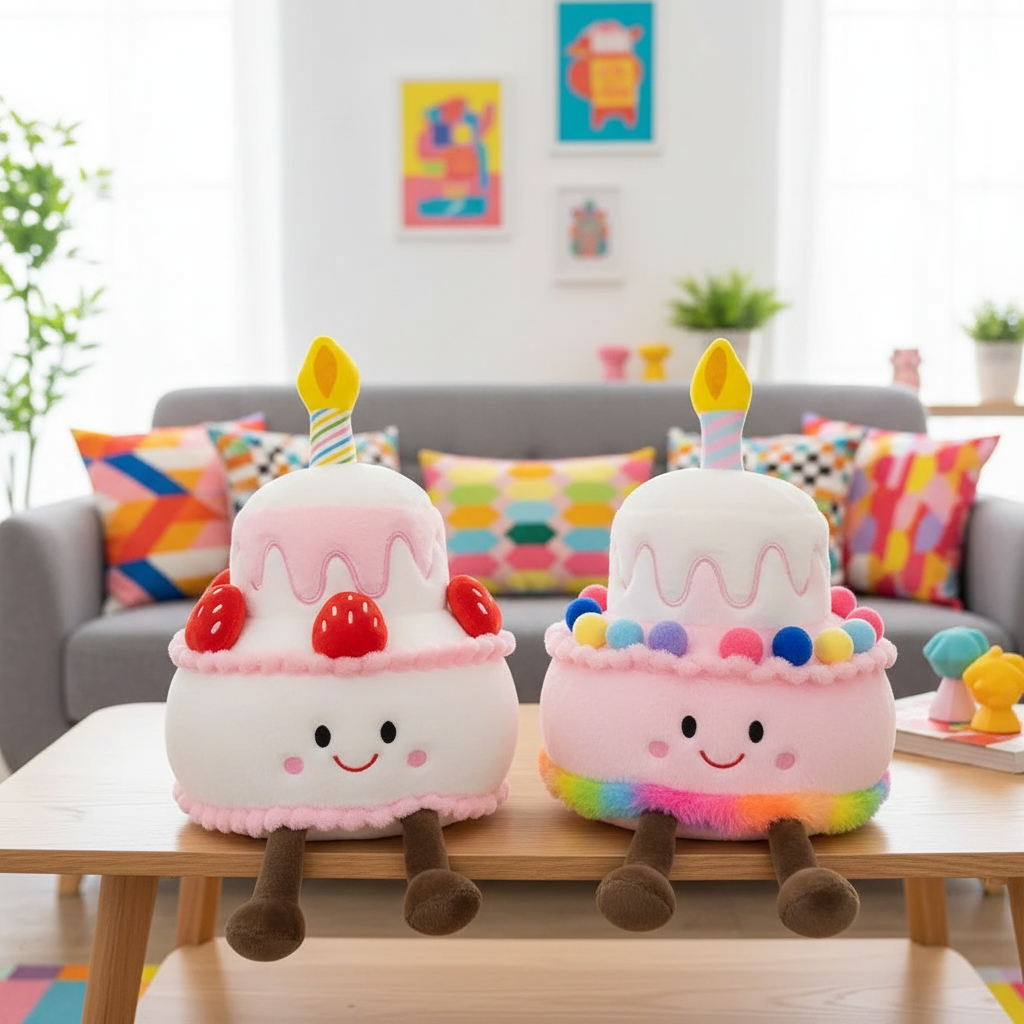 Two plush cake toys with candles on a wooden table in a colorful living room.