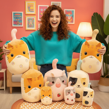 Woman holding plush toys resembling boba tea animals in a room with colorful walls and decor.