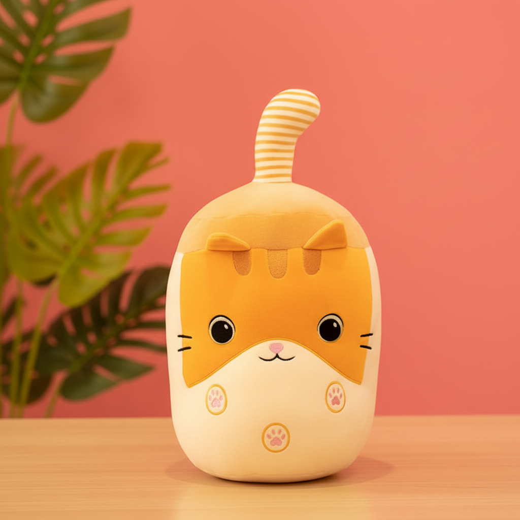 Cute cartoon boba cat plushie with a striped tail on a wooden surface and pink background