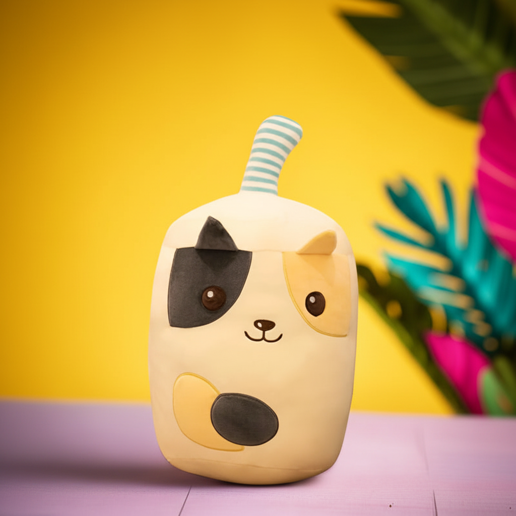 Plush toy resembling a boba dog plushie character with a striped straw on a yellow background