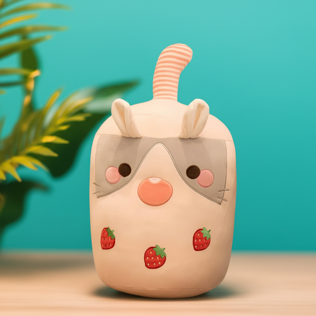 Cute cartoon-style boba rabbit plushie with strawberry designs on a teal background