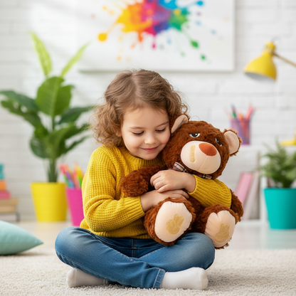 Child hugging a teddy bear in a colorful room with plants and toys.