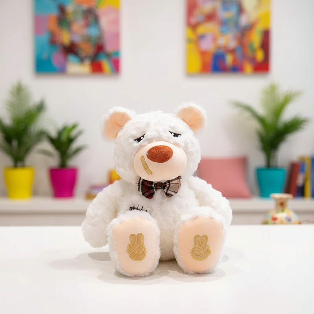 White teddy bear with a bow tie sitting on a white surface with colorful background