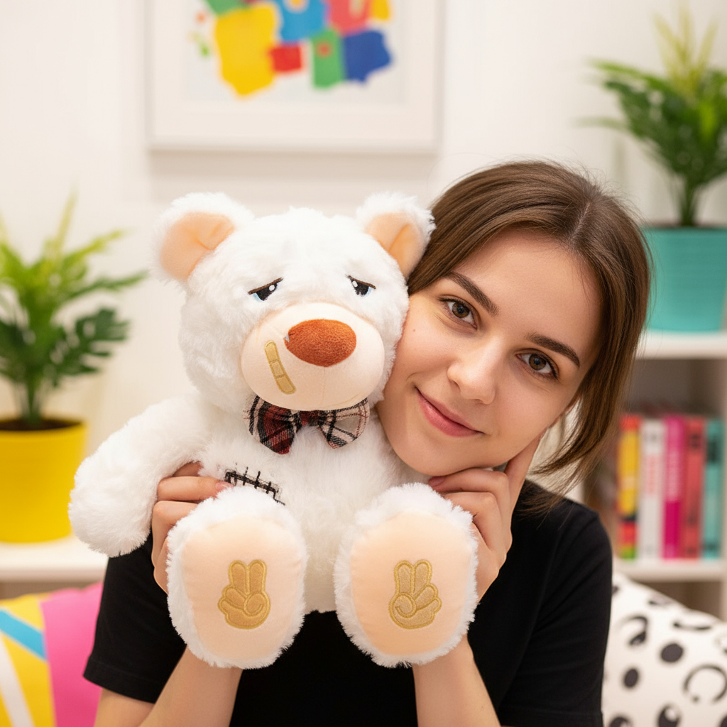 Woman holding a white teddy bear with a bow tie in a room with plants and books.