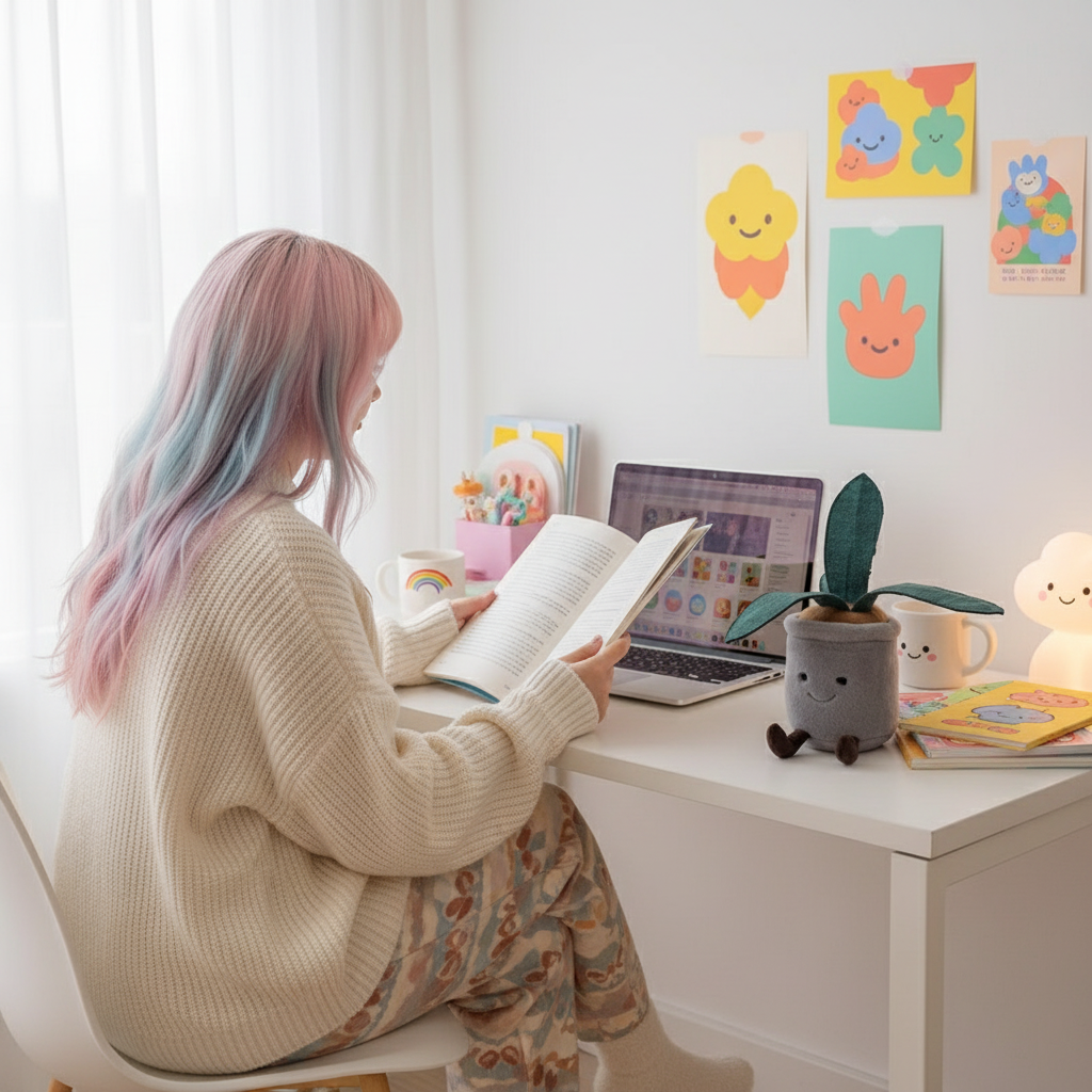 Person with pink hair reading a book at a desk with a laptop, surrounded by colorful decorations.