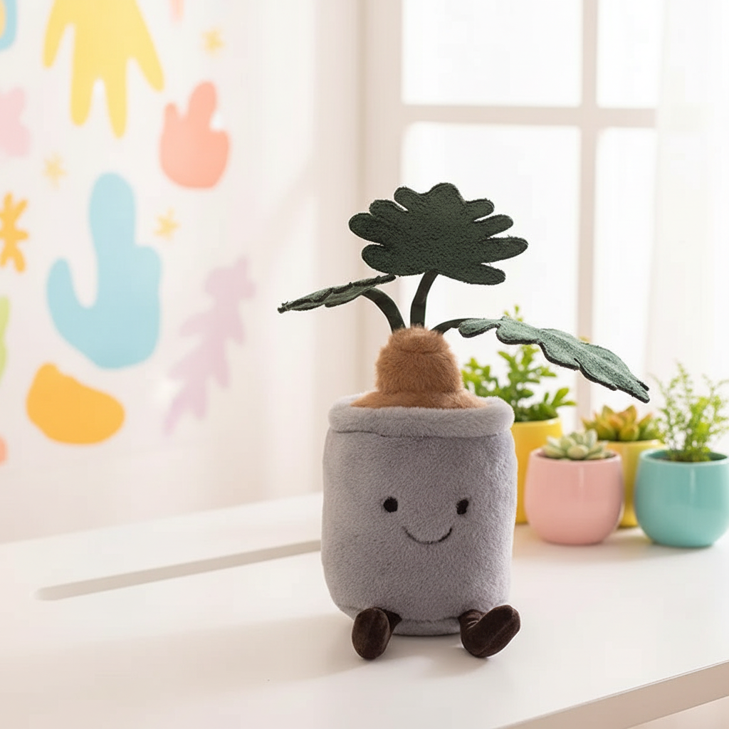 Plush toy plant in a pot with cartoonish face on a light surface, colorful abstract art in the background