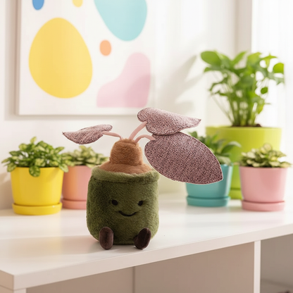 Plush toy resembling a plant with a smiling face on a table with potted plants in the background.