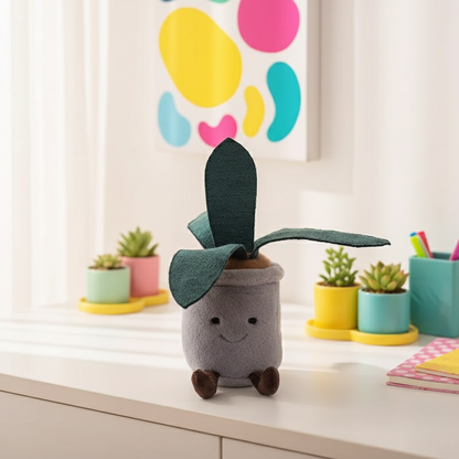 Plush toy plant with a smiling face on a desk with colorful decorations in the background