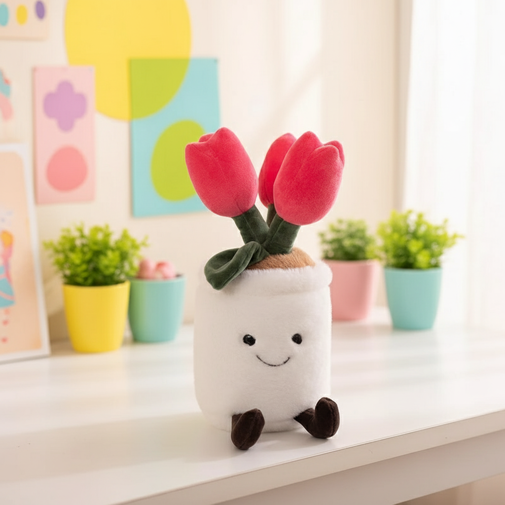 Plush toy red tulip in a pot on a shelf with colorful plants in the background