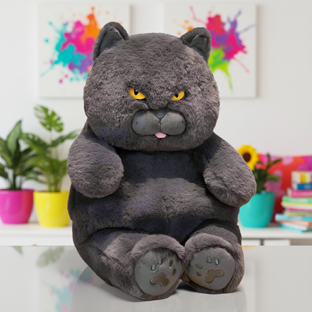 Gray cat plush toy with angry expression on a white surface with colorful background