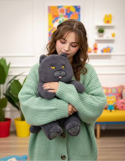 Woman holding a gray cat-shaped plush toy in a room with colorful decor