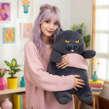 Woman holding a large cat plush toy in a room with colorful decor
