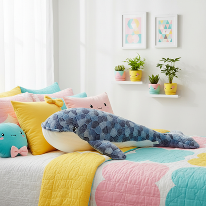 Colorful bedroom with a bed featuring shark-shaped plushie and a shelf with plants.