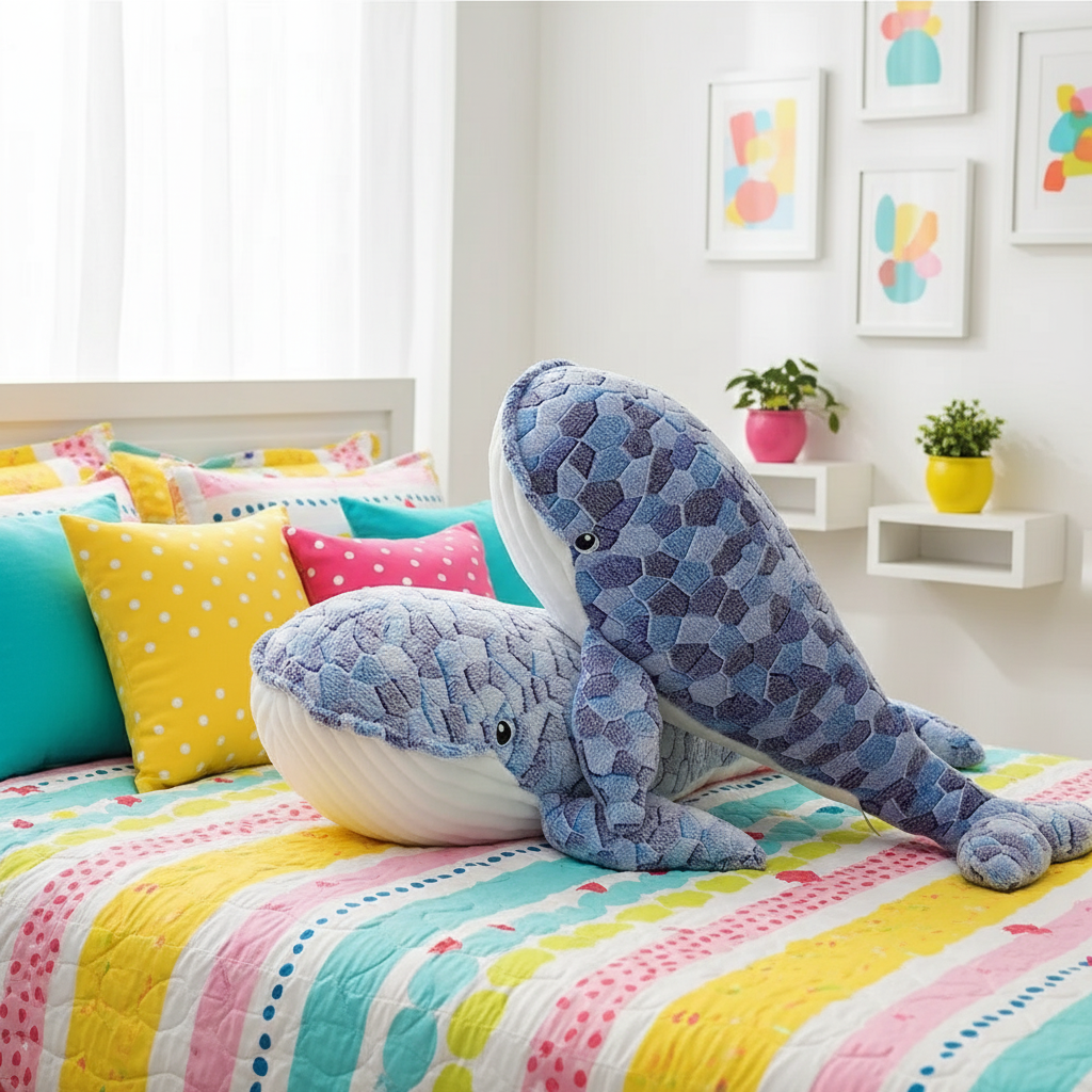 Blue whale plush toy on a colorful bed with a bright room in the background