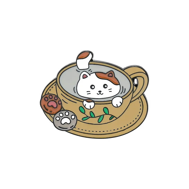 Cafe Cats Enamel Pin Set cat in coffee lapel pin