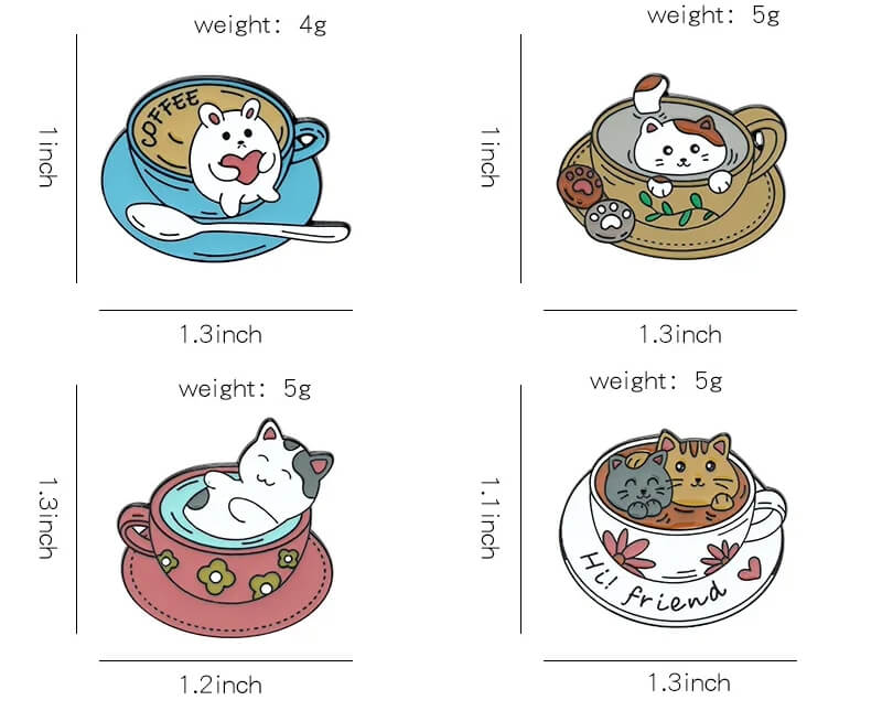 Cafe Cats Enamel Pin Set Sizes