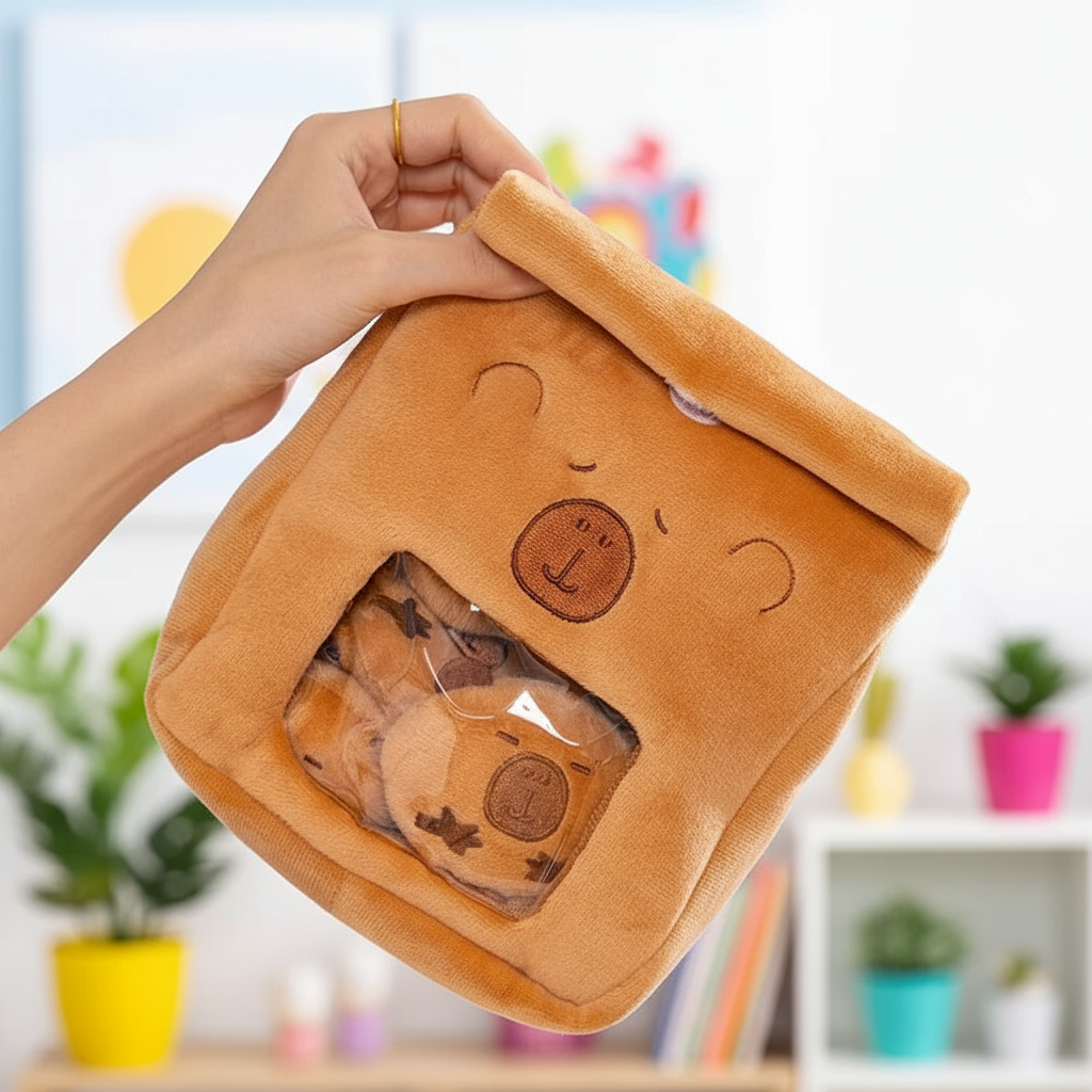 Person holding a brown plush bag with a bear design, containing more plush toys, against a blurred indoor background.