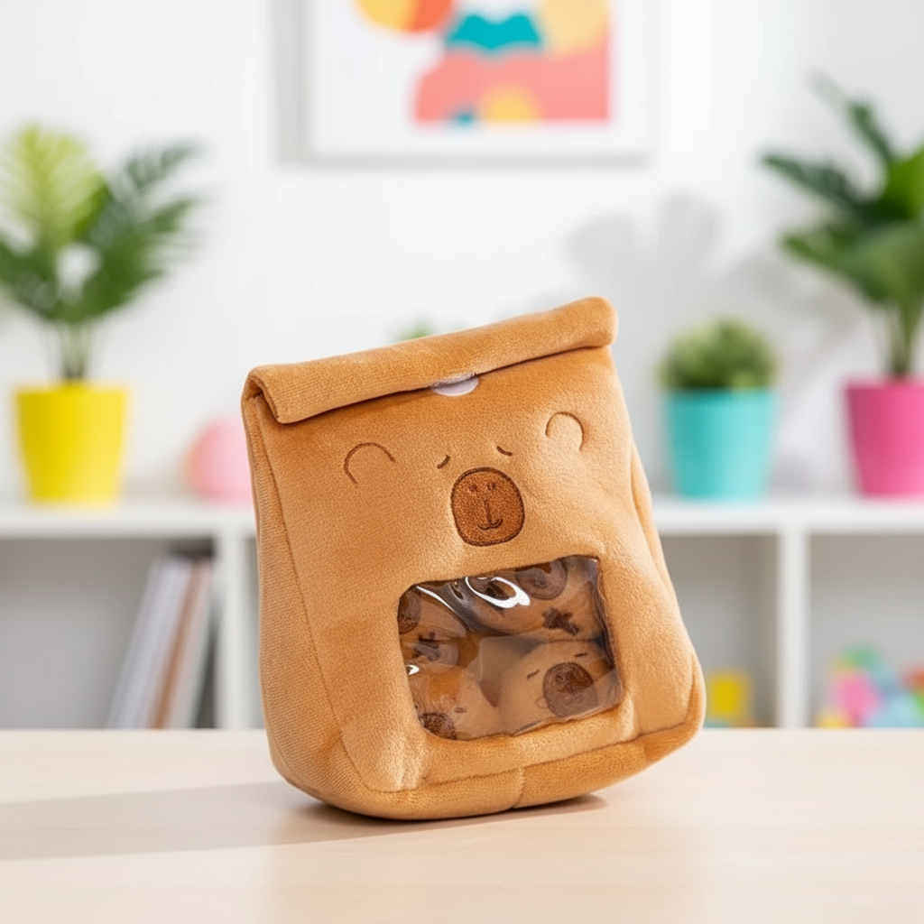Brown plush bag with capybara face design on a blurred indoor background