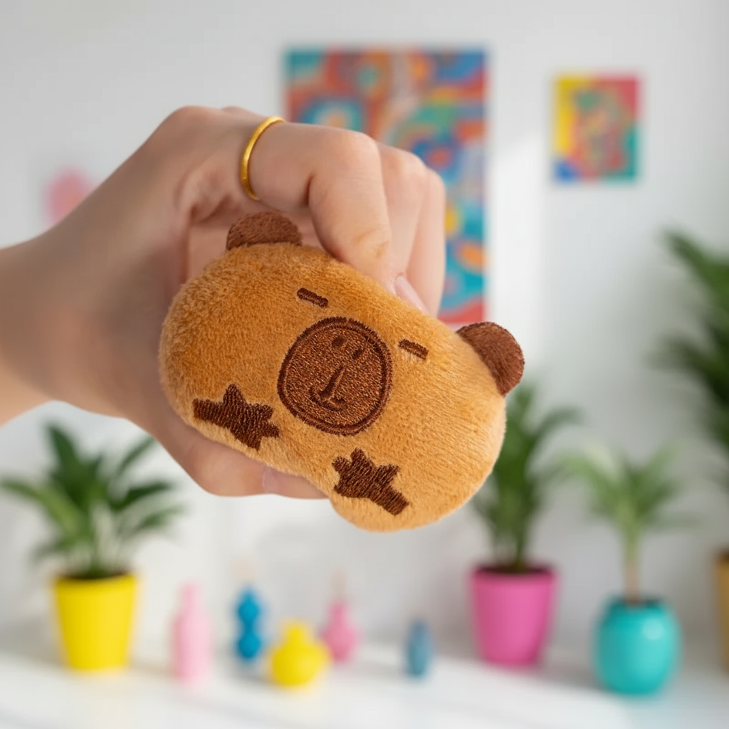 Hand holding a small plush toy with a face design in a room with colorful plants and abstract art.